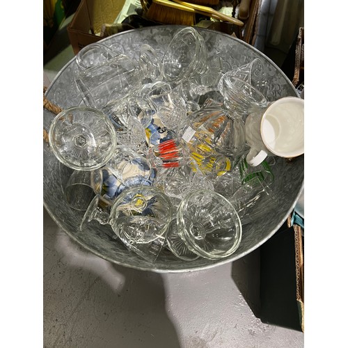 223 - 2 Box's misc + galvanised bucket full of glass ware