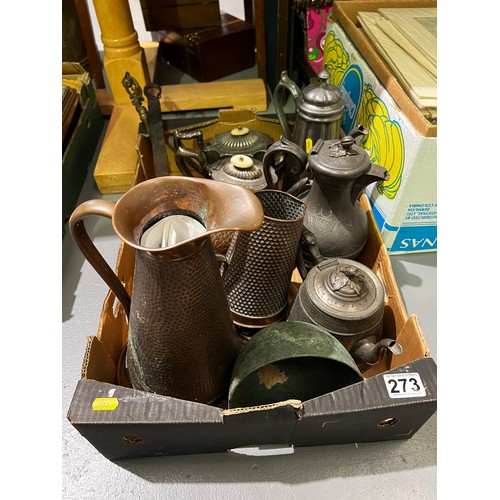 273 - Good box of plated ware + Brass etc