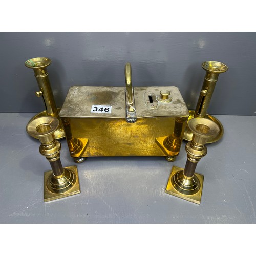 346 - Victorian Brass Coin box + 2 Pairs of Brass Candlesticks