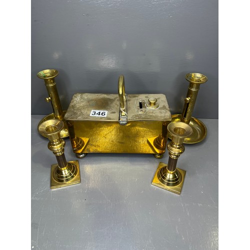 346 - Victorian Brass Coin box + 2 Pairs of Brass Candlesticks