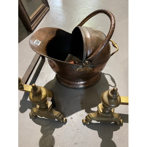 353 - Victorian Brass Fire Dogs + Coal Scuttle