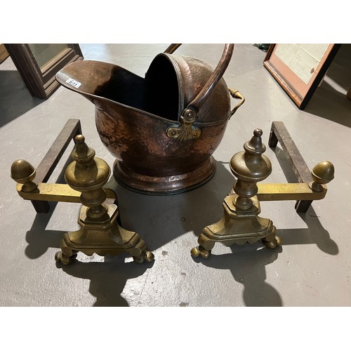 353 - Victorian Brass Fire Dogs + Coal Scuttle