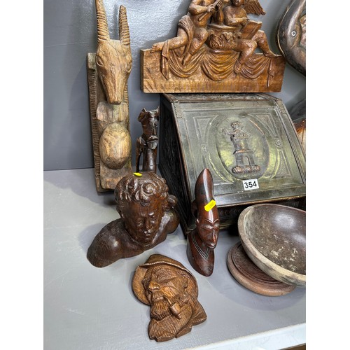 354 - Quantity Treen to include Carved Oak Bust+ Carved Figures