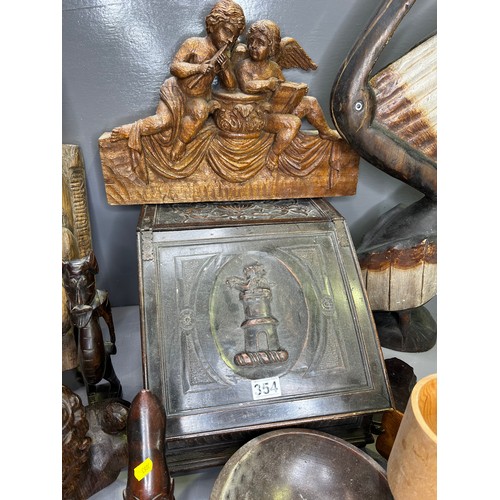 354 - Quantity Treen to include Carved Oak Bust+ Carved Figures