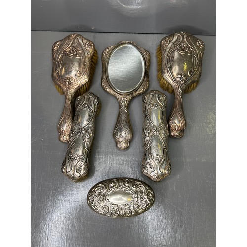 372 - 5 piece Silver dressing table set. Walker and Hall.+extra  silver brush.