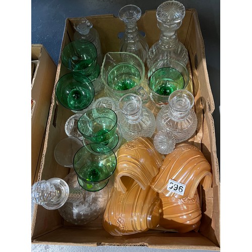 396 - Box Glassware to include Decantors & Deco Light Shades.