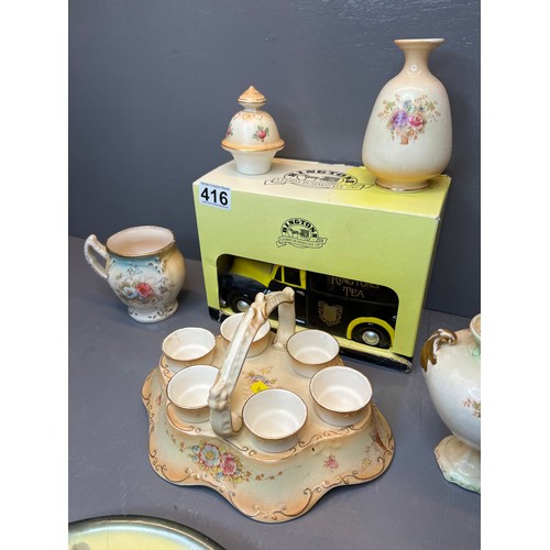 416 - Quantity Crown Devon pottery + Ringtons tea pot.