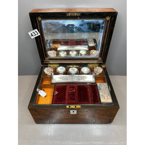 433 - Victorian burr walnut traveling set with silver plated fit mat & secret drawer