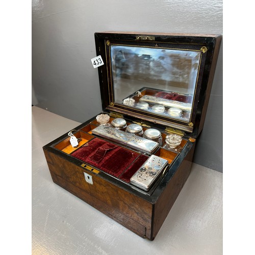 433 - Victorian burr walnut traveling set with silver plated fit mat & secret drawer