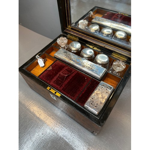 433 - Victorian burr walnut traveling set with silver plated fit mat & secret drawer