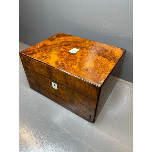 433 - Victorian burr walnut traveling set with silver plated fit mat & secret drawer