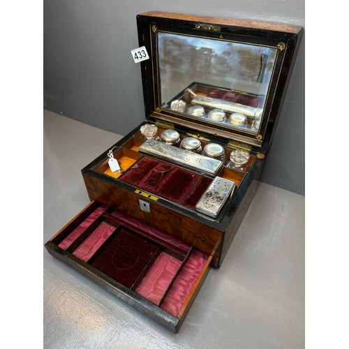 433 - Victorian burr walnut traveling set with silver plated fit mat & secret drawer