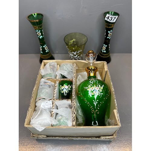 437 - 3 Early 20th century Murano glass vases hand painted + decanter set
