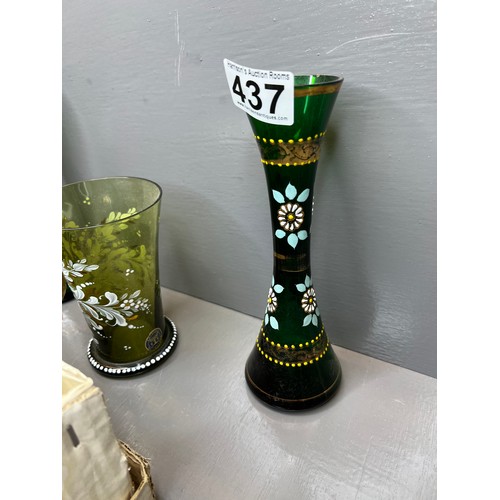 437 - 3 Early 20th century Murano glass vases hand painted + decanter set