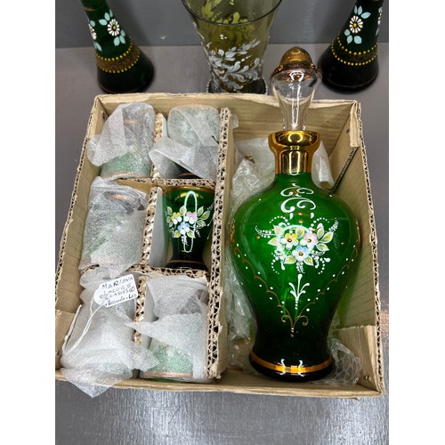 437 - 3 Early 20th century Murano glass vases hand painted + decanter set