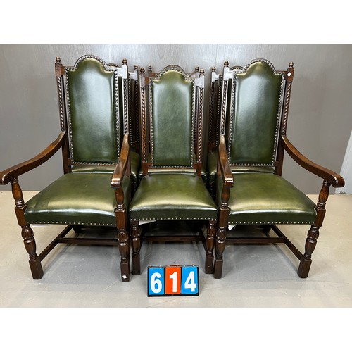 614 - Set of 6 antique oak leather chairs (inc 2 carvers) very clean