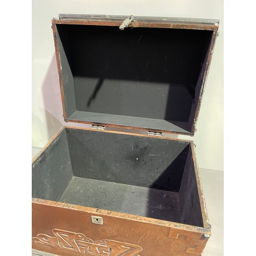 1 - Unusual wood surrounded by copper 20th century memory box with Aztec design pattern