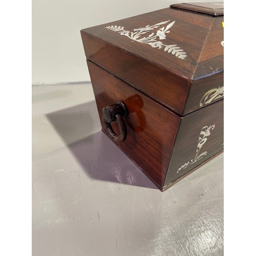 3 - Victorian rosewood tea caddy with mother of pearl inlay