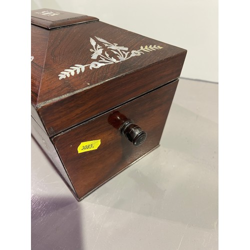 3 - Victorian rosewood tea caddy with mother of pearl inlay