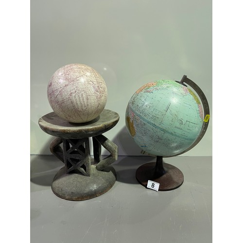 8 - Vintage globe on bake light stand + carved stand + globe