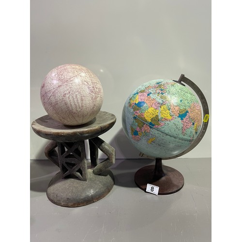 8 - Vintage globe on bake light stand + carved stand + globe