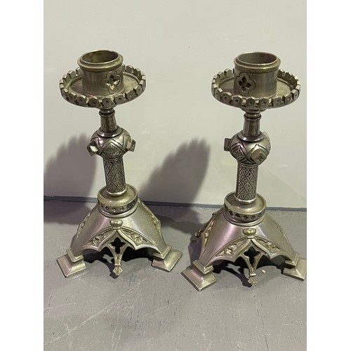 15 - Collection metal ware to include pewter coal scuttle + pair of church candle sticks