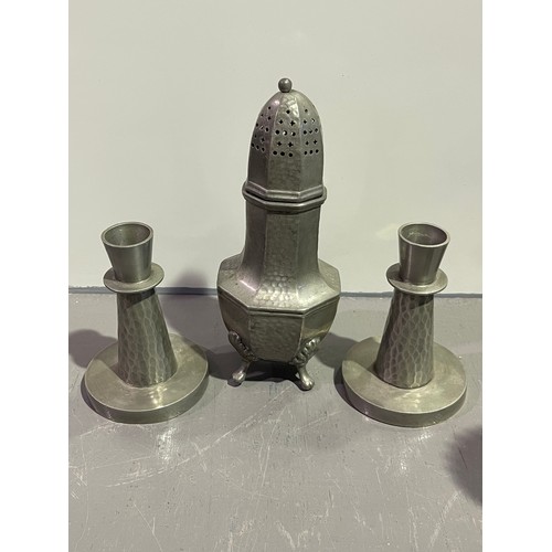 15 - Collection metal ware to include pewter coal scuttle + pair of church candle sticks