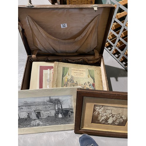 32 - Vintage leather suitcase + large quantity old picture paintings etc