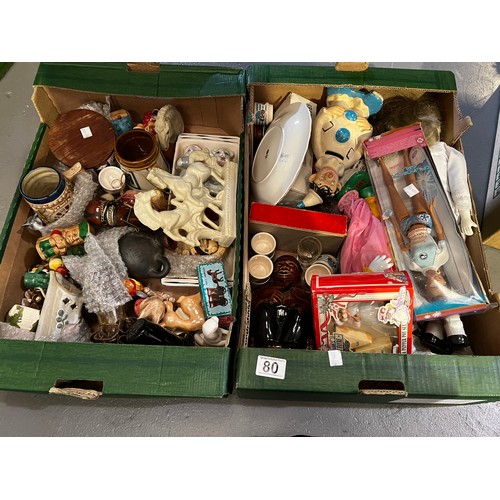 80 - 2 Boxes of pottery dolls etc