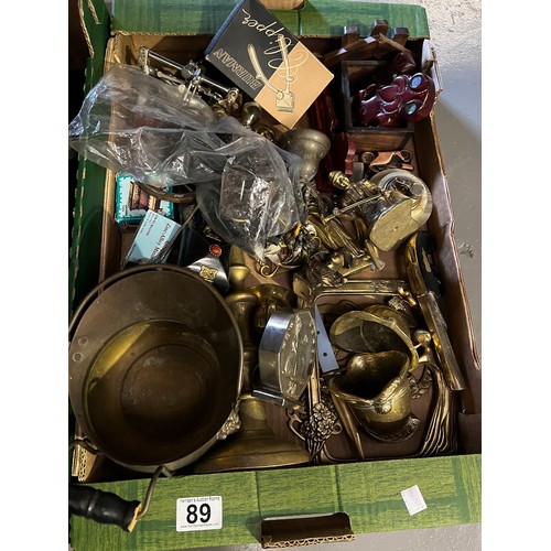 89 - Box of brass ware + box of misc