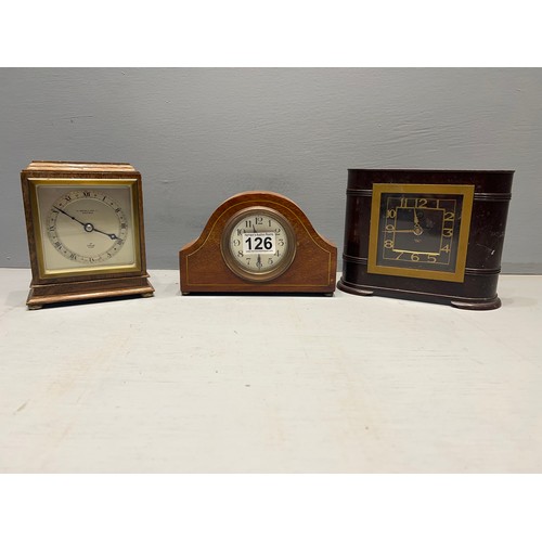 126 - Edwardian inlaid clock + bakerlight clock + oak clock