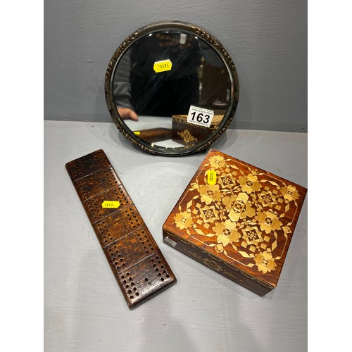 163 - Vintage mirror + inlaid box + cribbage board