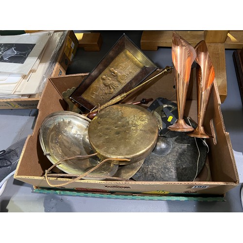 198 - Box of metal ware inc copper plaque