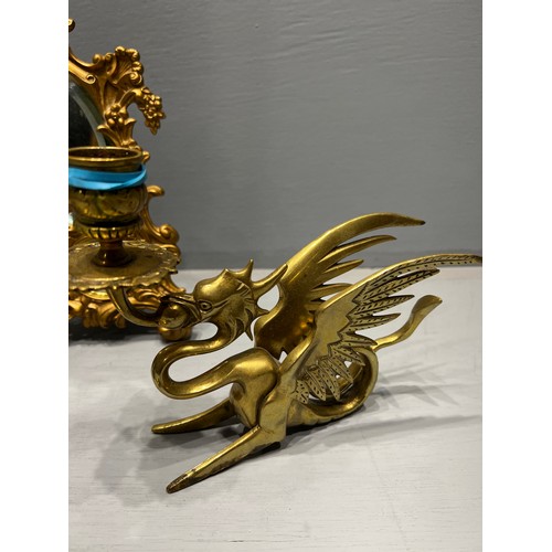 202 - Good brass ware inc dragon candle holder & clock mirror