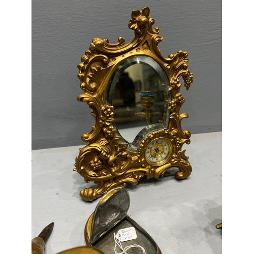 202 - Good brass ware inc dragon candle holder & clock mirror