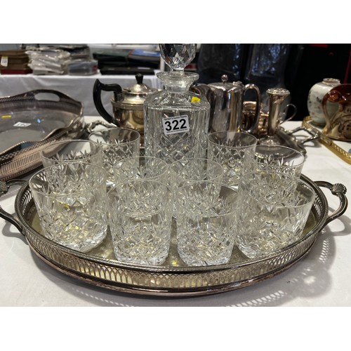 322 - Silver plated tray + decanter & glasses