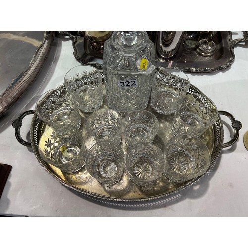 322 - Silver plated tray + decanter & glasses