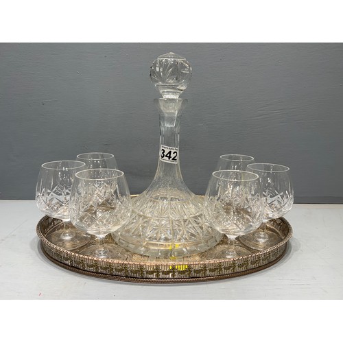 342 - Silver plate tray + decanter & glasses