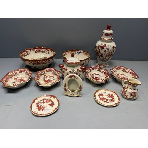 384 - Large quantity masons Mandalay red pottery bowls, temple jar etc