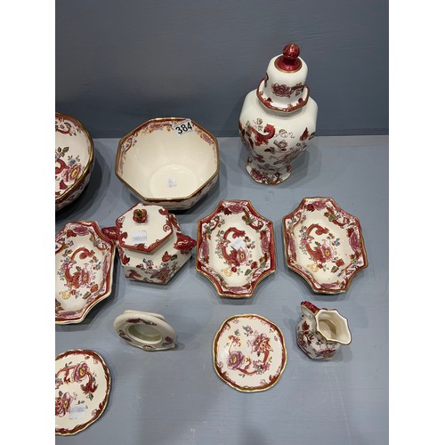 384 - Large quantity masons Mandalay red pottery bowls, temple jar etc