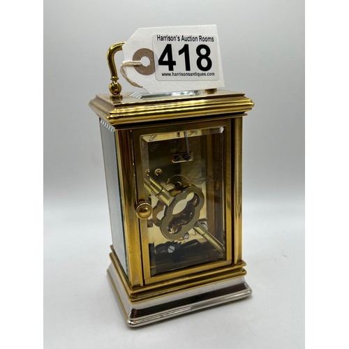 418 - Brass carriage clock & key superb quality with all bevelled glass working