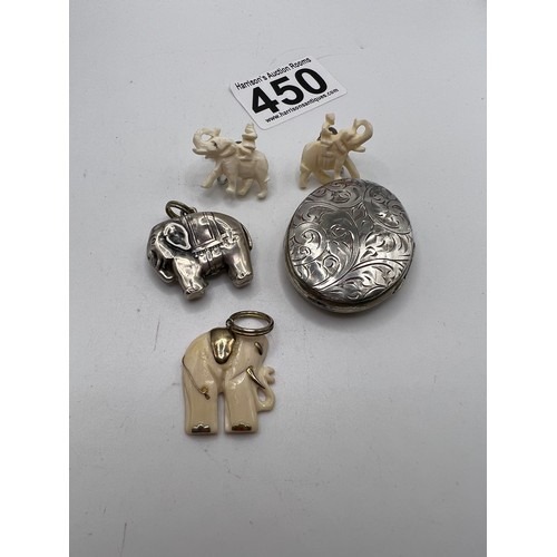 450 - Early earrings & pendant + silver locket & elephant