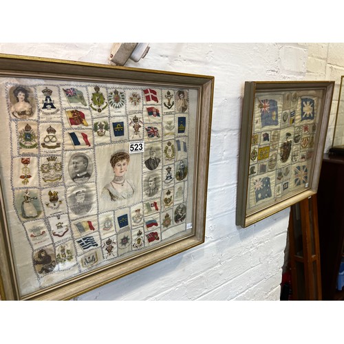 523 - Pair of silk framed pictures Royalty & Flags etc