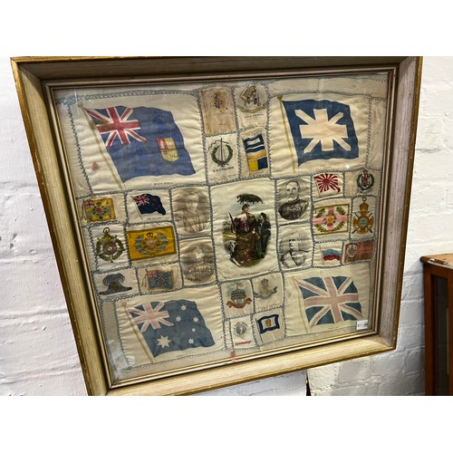 523 - Pair of silk framed pictures Royalty & Flags etc