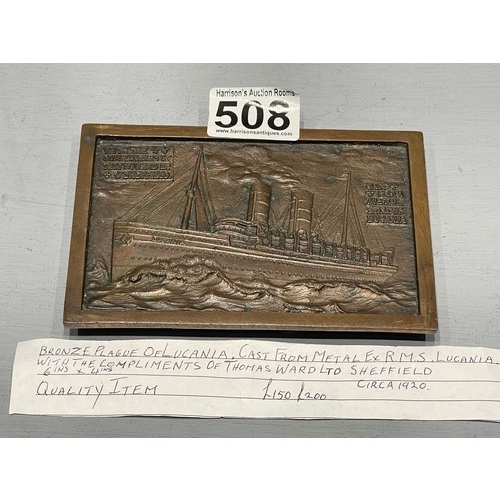 508 - Bronze plaque Lucania cast from metal of Ex R.M.S Lucania Circa 1920