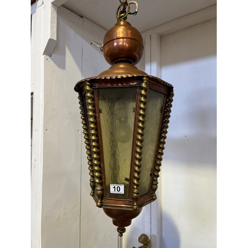 10 - Good brass early 20th century hanging light with barley twist columns