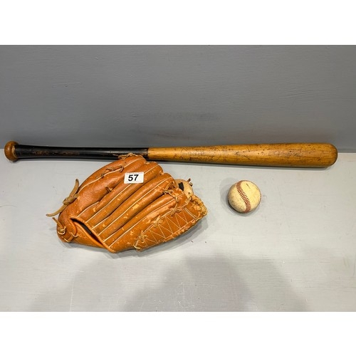 57 - Vintage baseball bat + glove + ball