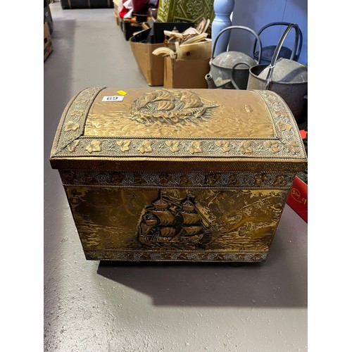 69 - Dome top early 20th century galleon brass log box