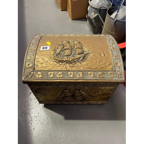 69 - Dome top early 20th century galleon brass log box