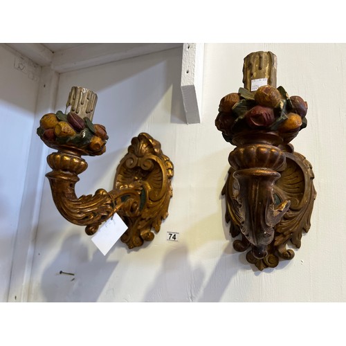 74 - Pair of Victorian or earlier wood gilt wall sconces A/F